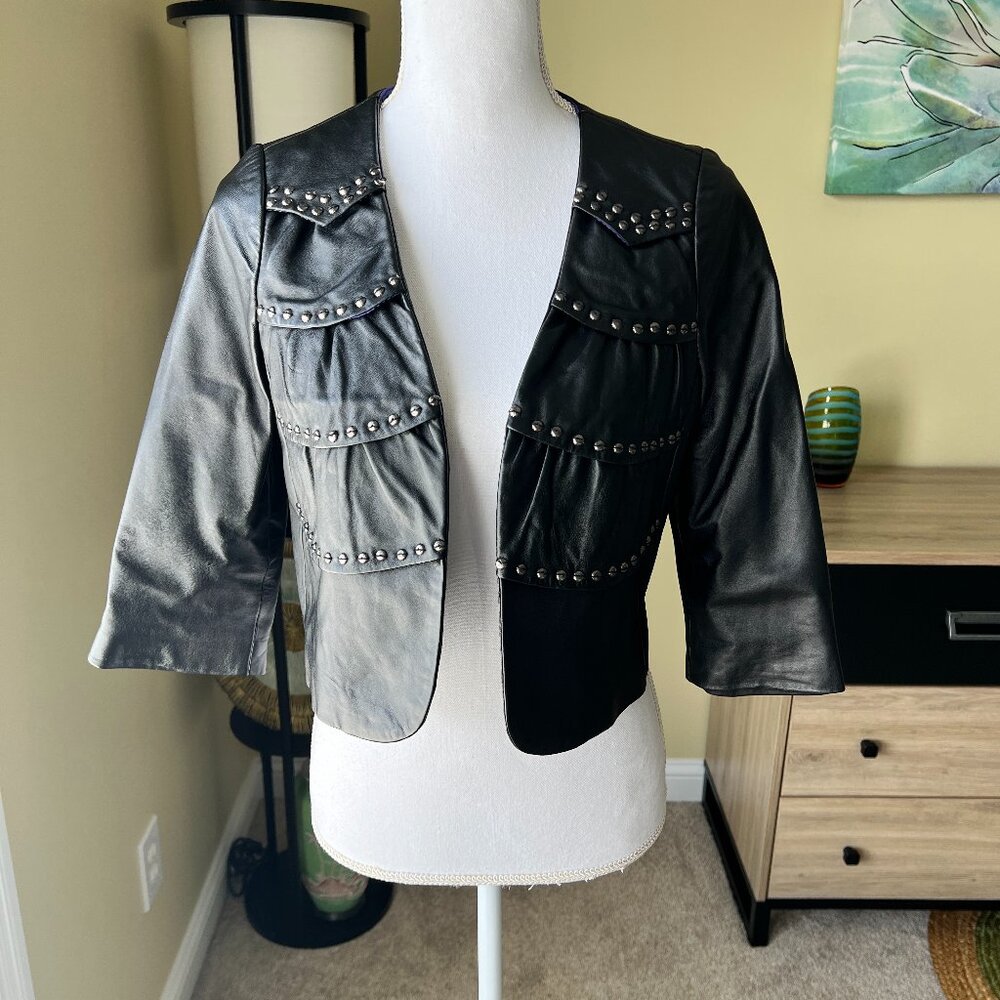 Black Leather Biker Cropped Embellished Hardware Jacket